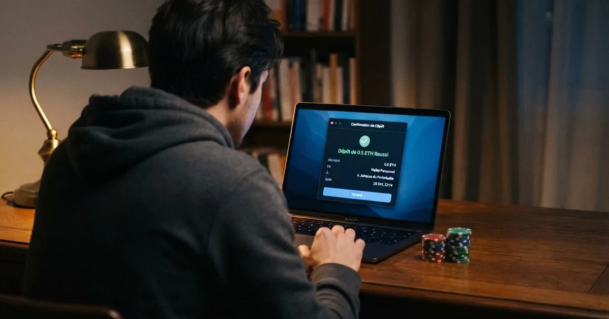 Écran de casino en ligne crypto affichant un dépôt en bitcoin sans introduire de coordonnées bancaires
