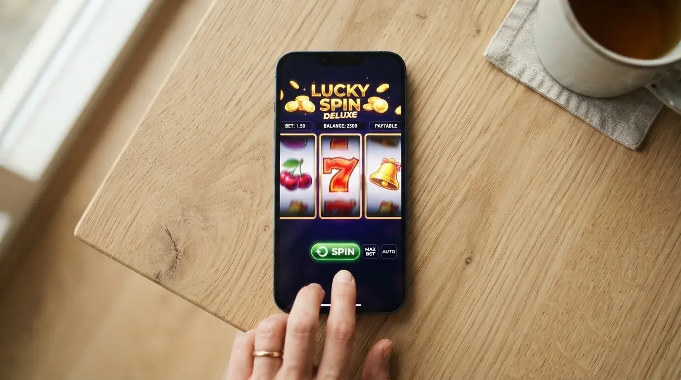 Grille d'une machine à sous éligible aux tours gratuits affichée sur l'écran d'un smartphone