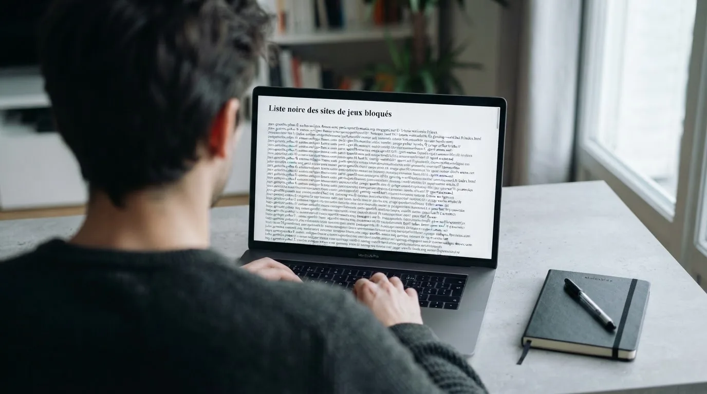 écran d'ordinateur affichant une longue liste de sites de jeux bloqués