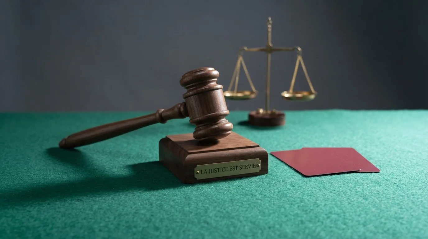 Un marteau de juge posé sur des cartes à jouer, symbolisant l'interdiction légale du casino en ligne en France.