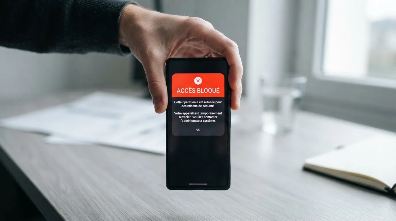 Main tenant un smartphone affichant un message d'avertissement d'accès bloqué