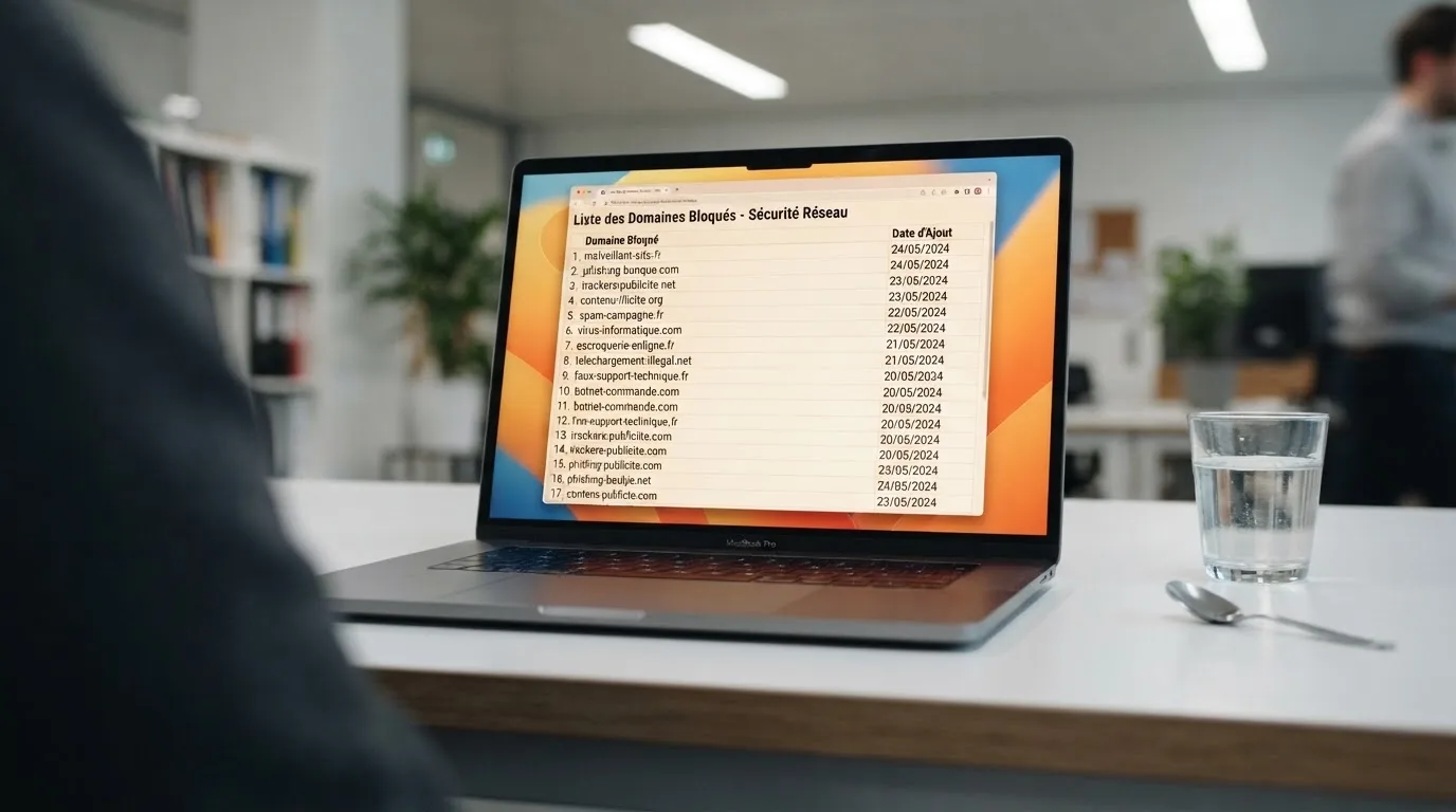 A browser window displaying a long CSV-style list of blocked website domains with decision dates in a column, no brand logos
