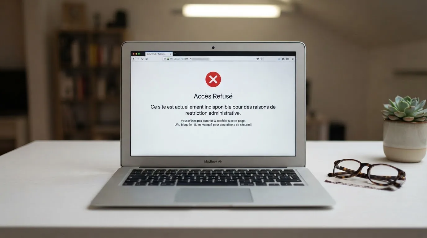 Page d'un navigateur affichant un message d'accès bloqué à un site de jeu, symbolisant le blocage administratif