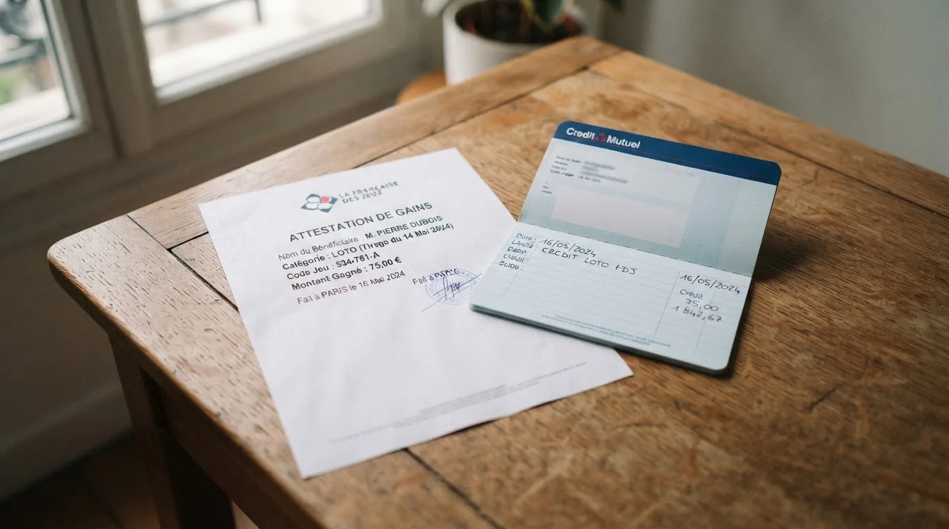 Document d'attestation de gain posé à côté d'un relevé bancaire sur un bureau