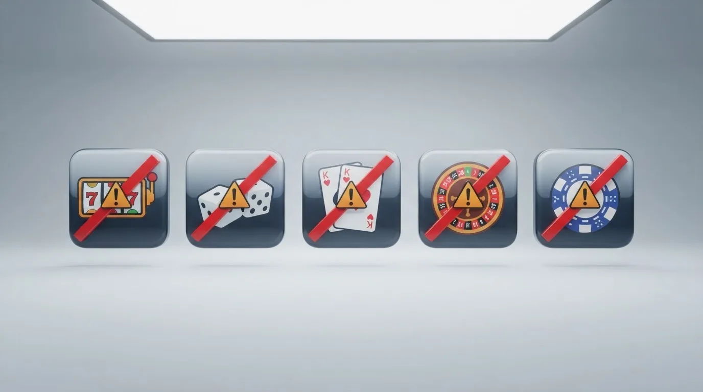 Une rangée de logos de plateformes de casino barrés d'un pictogramme d'avertissement sur fond neutre