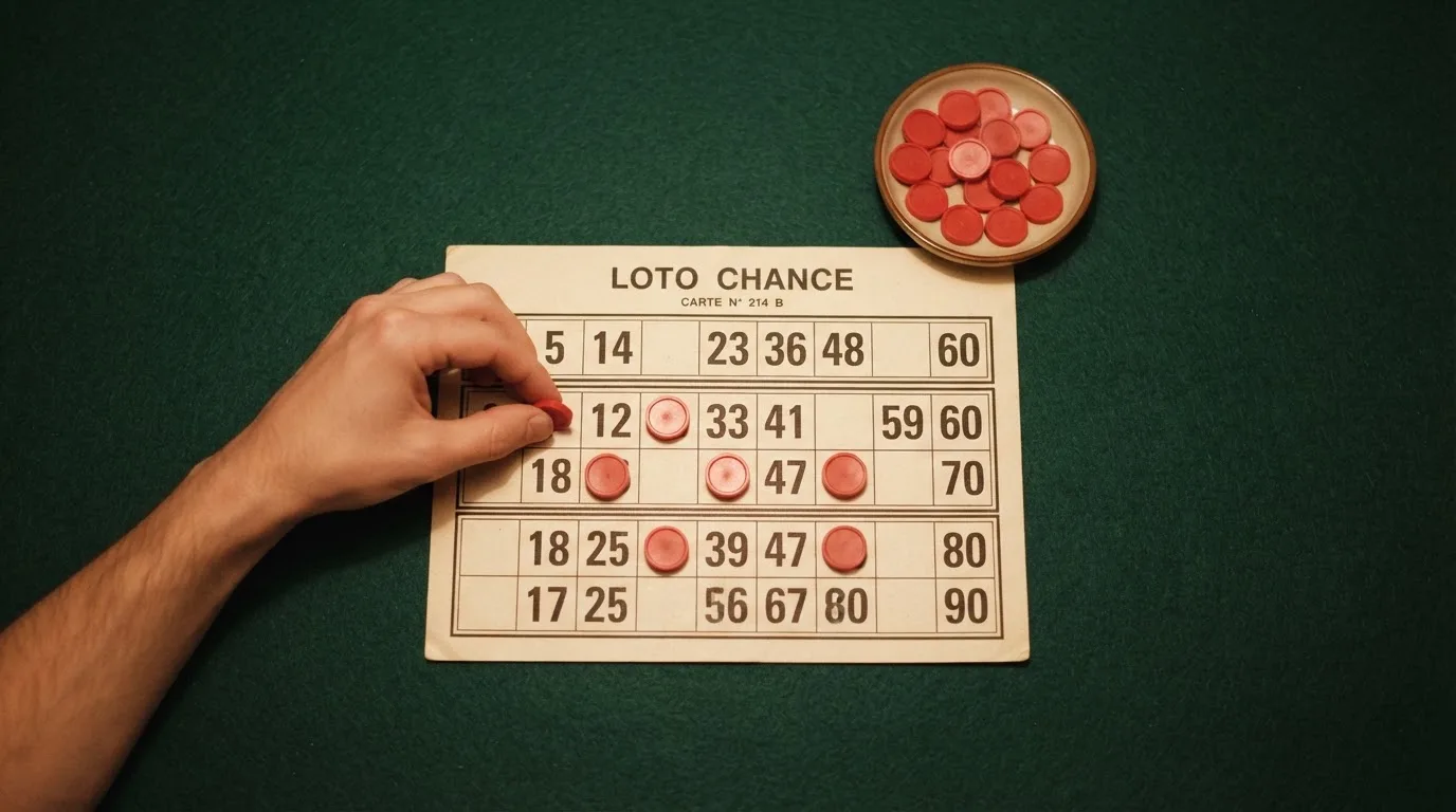 Grille de bingo avec un carton 3 lignes sur 9 colonnes et des jetons numérotés posés dessus