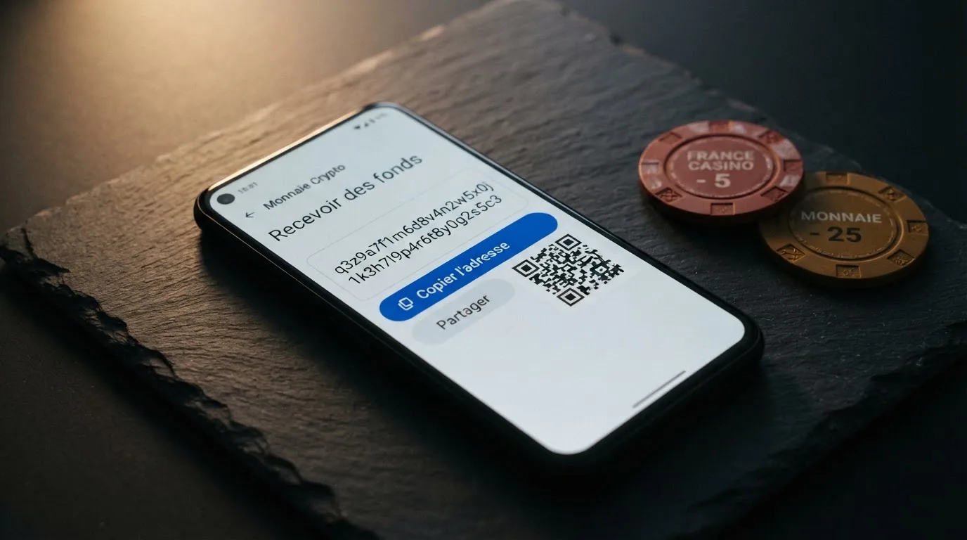 Gros plan sur une application de portefeuille crypto affichant une adresse Bitcoin Cash au format CashAddr commençant par la lettre q, sur fond de pièces BCH.