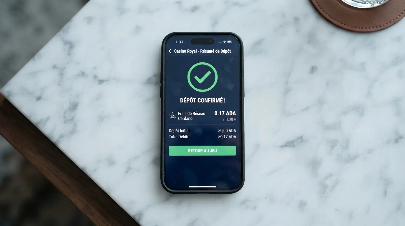Confirmation d'une transaction Cardano affichée sur l'interface d'un casino en ligne, avec le montant des frais de réseau détaillé