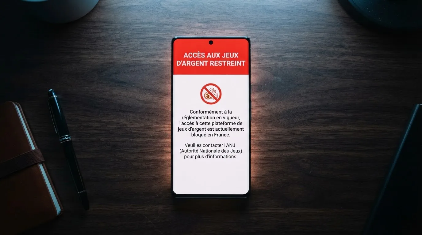 Écran de smartphone affichant un avertissement officiel sur les jeux d'argent illégaux en ligne en France