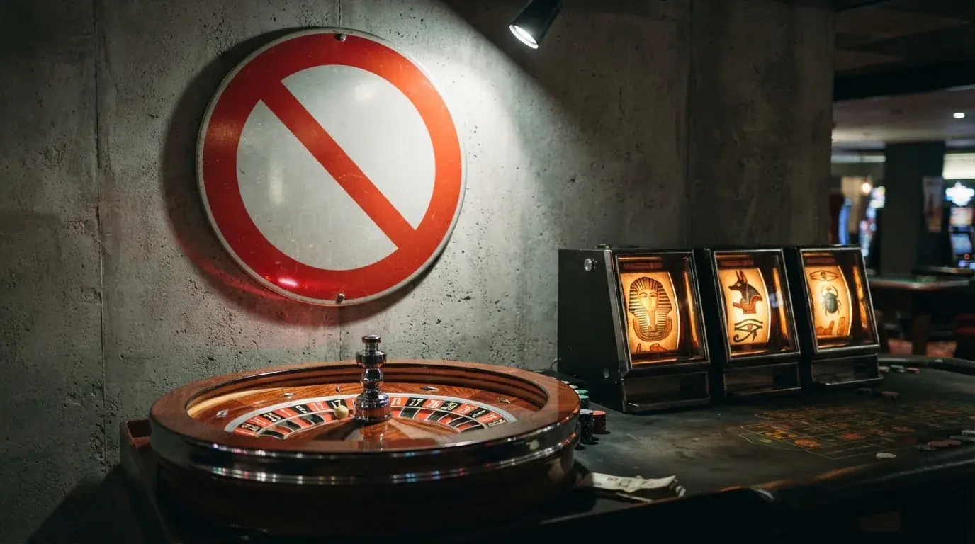pictogramme d'interdiction superposé à une roulette et des machines à sous, illustrant l'interdiction du casino en ligne en France