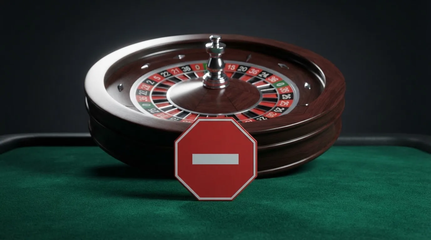 Le logo de l'Autorité nationale des jeux (ANJ) associé à un symbole d'interdiction sur fond de roulette de casino.