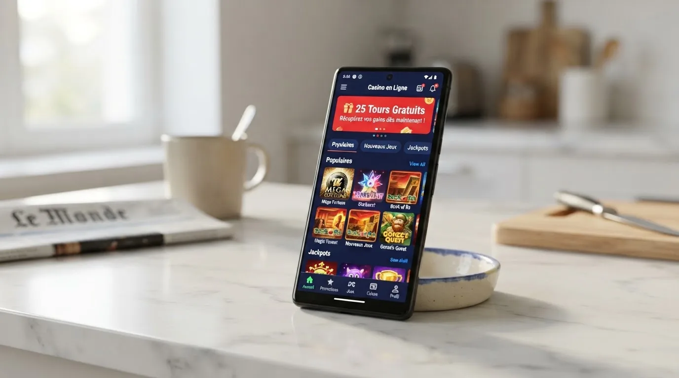 Écran de smartphone affichant l'interface mobile d'un casino en ligne avec une notification de tours gratuits