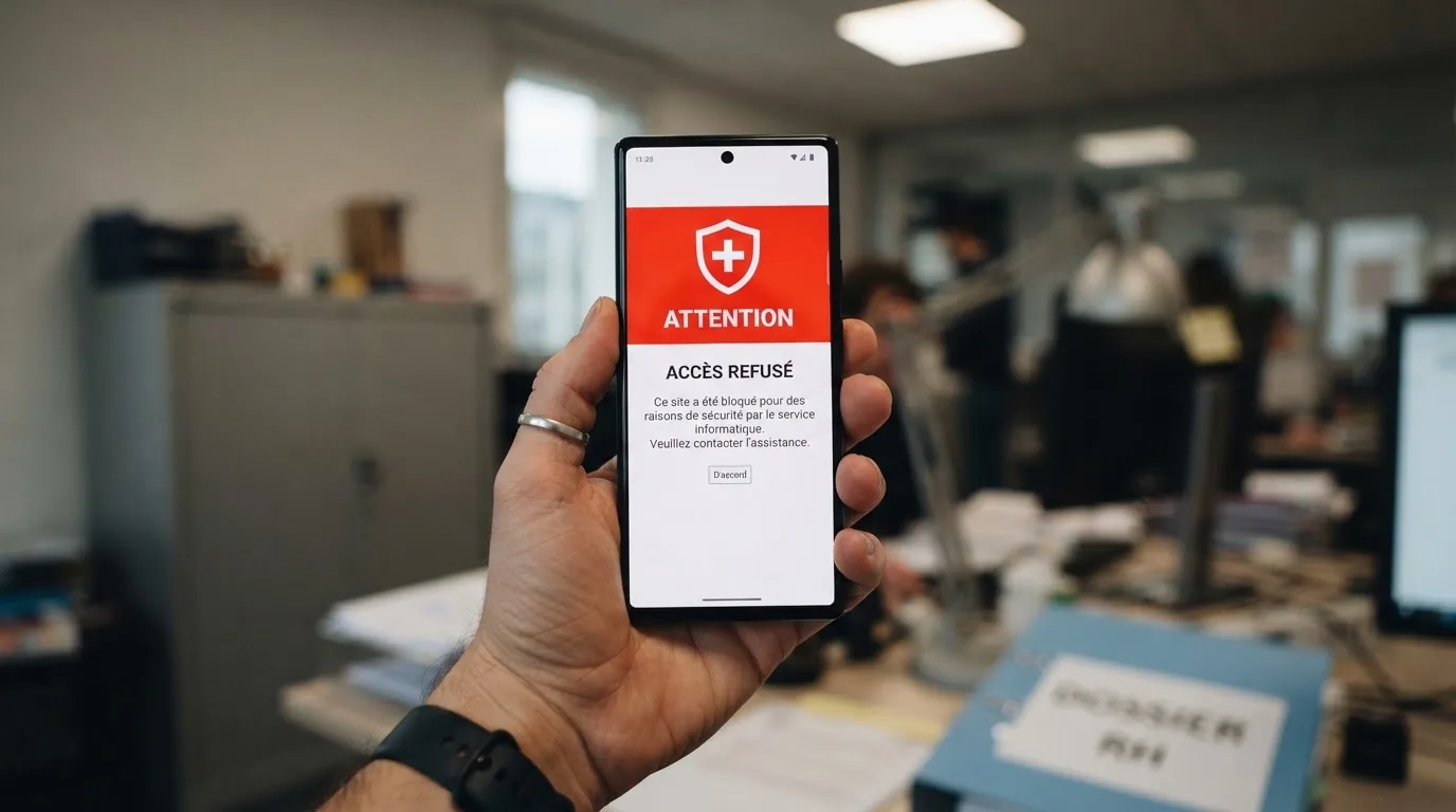 Main tenant un smartphone affichant un écran de blocage de site avec un message d'avertissement rouge, dans un décor évoquant un bureau administratif français.
