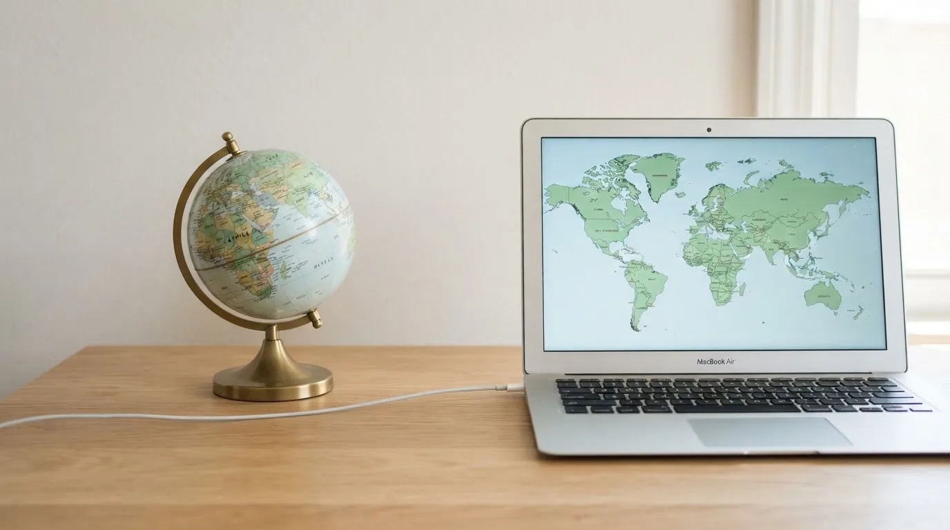 Un globe terrestre posé à côté d'un ordinateur portable affichant une carte du monde.