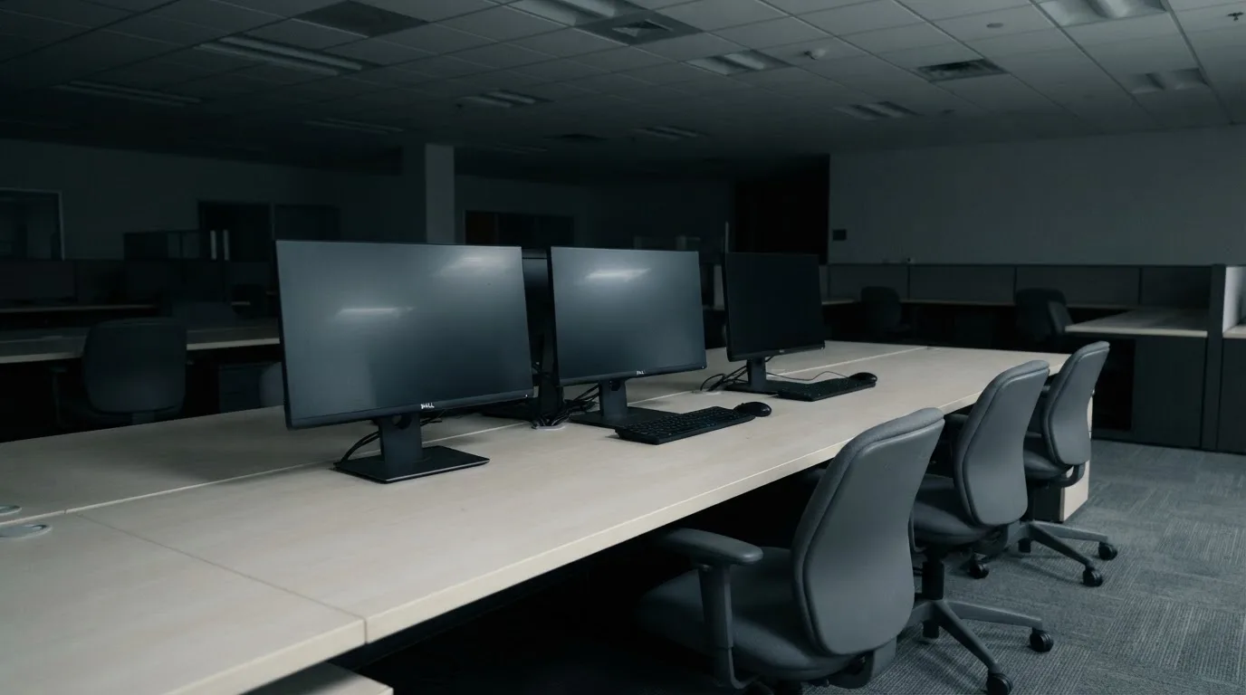 Une rangée d'écrans d'ordinateur éteints dans un bureau vide.