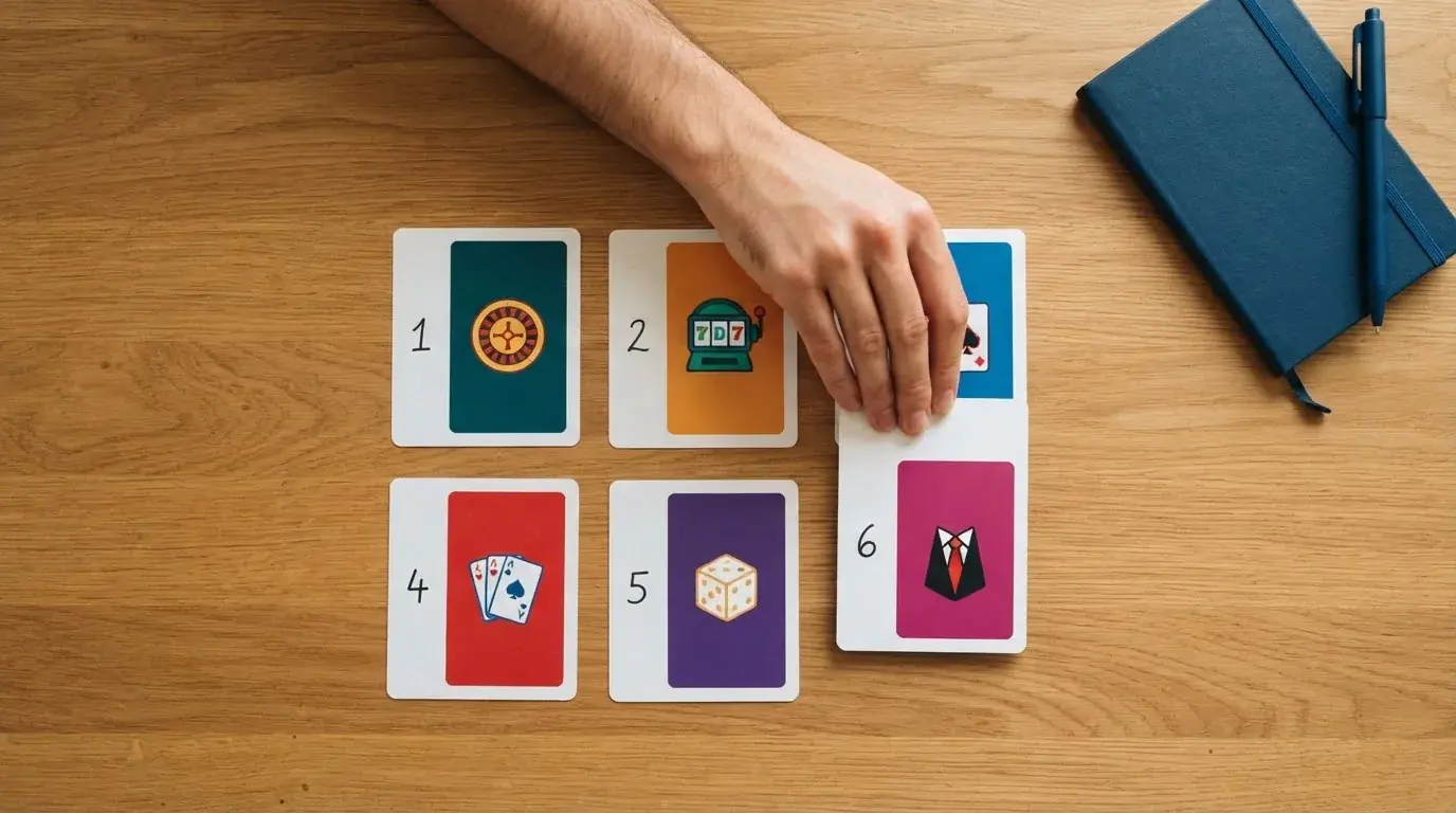 overhead flat-lay of a hand ranking printed casino logos on numbered cards on a desk
