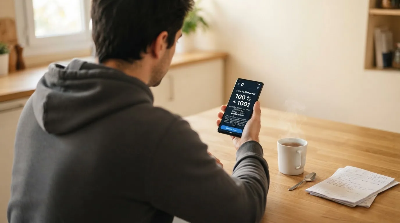 Un joueur consultant sur son téléphone les conditions de mise d'un bonus de casino en ligne.