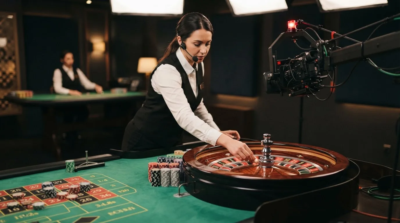 a live dealer standing at a roulette wheel under studio lighting, streaming camera visible above the table