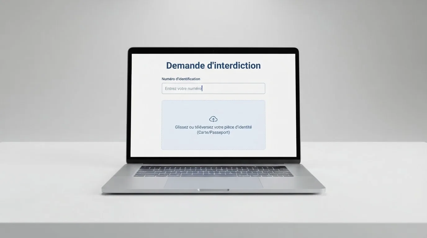a laptop screen showing a government self-exclusion registration form with an identity-check step, no logos visible