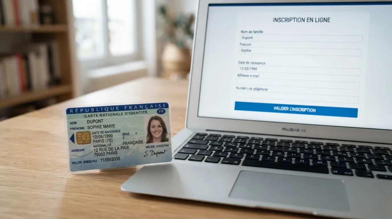 Close-up of a hand holding an identity document next to a laptop showing an online registration form