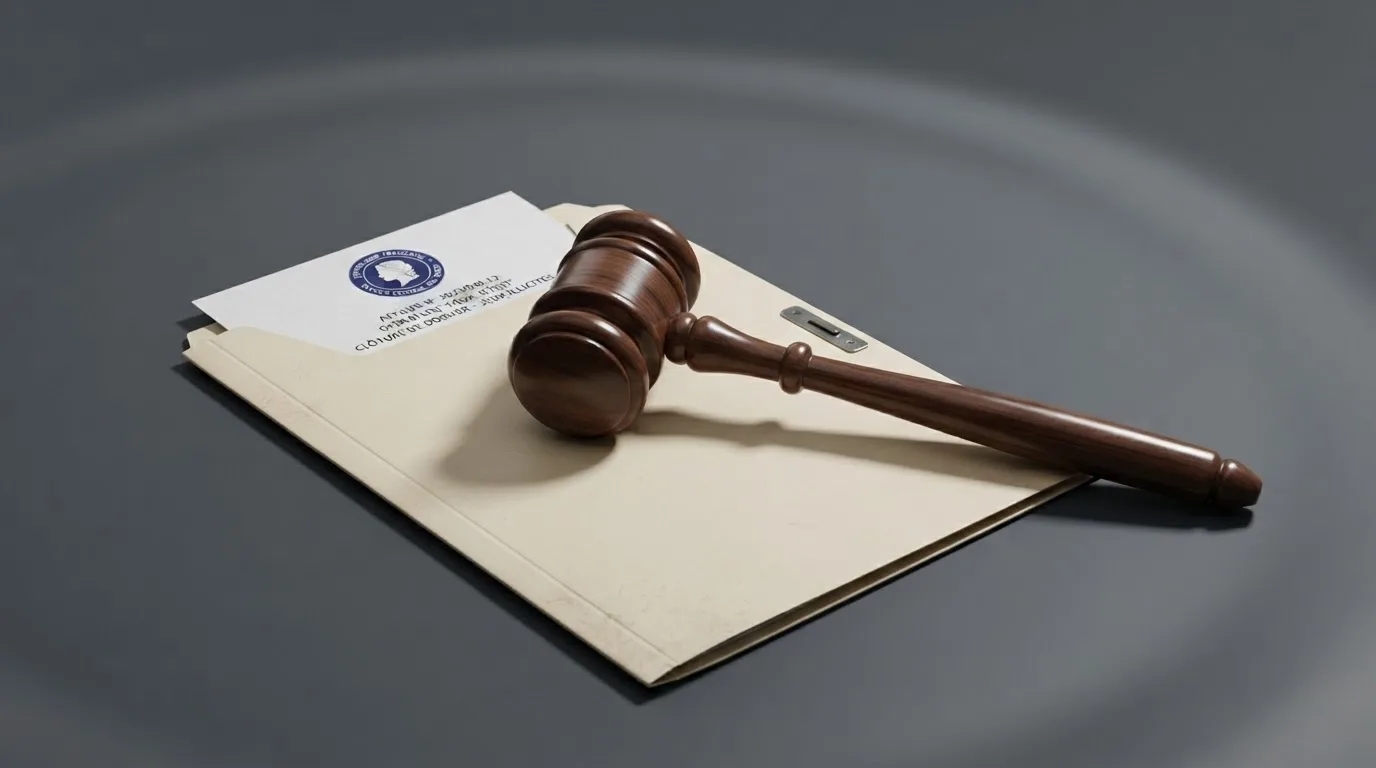 A gavel resting on a folder marked with a legal document, symbolizing regulatory enforcement