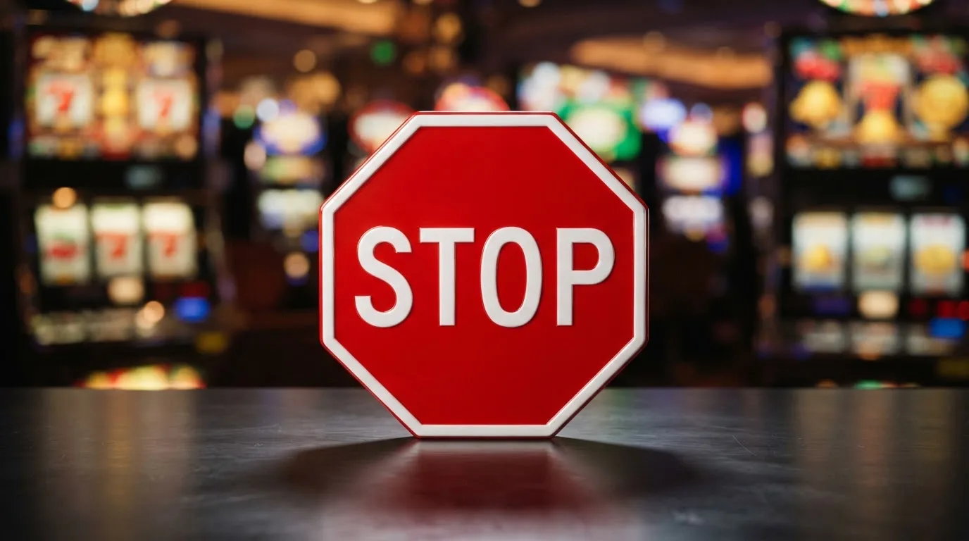 a red official-style stop/prohibition icon overlaid on a blurred casino slot-reel background