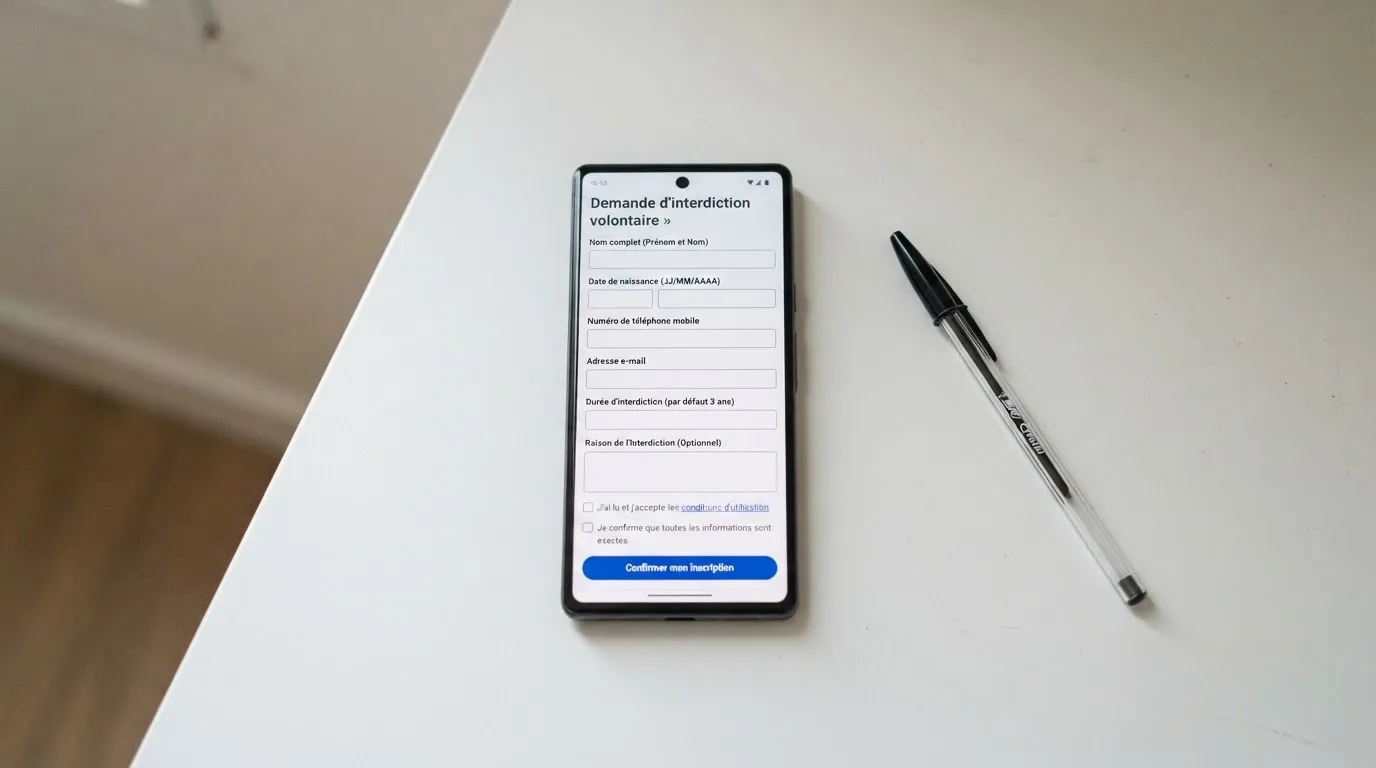 Formulaire de demande d'interdiction volontaire de jeux ouvert sur un smartphone
