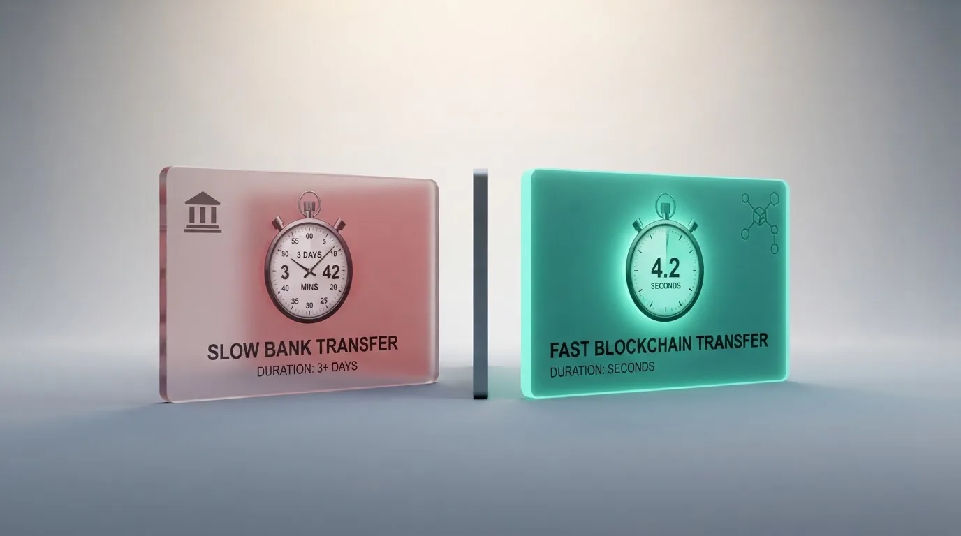 a split-screen graphic comparing a slow bank-transfer icon against a fast blockchain-transfer icon with a stopwatch
