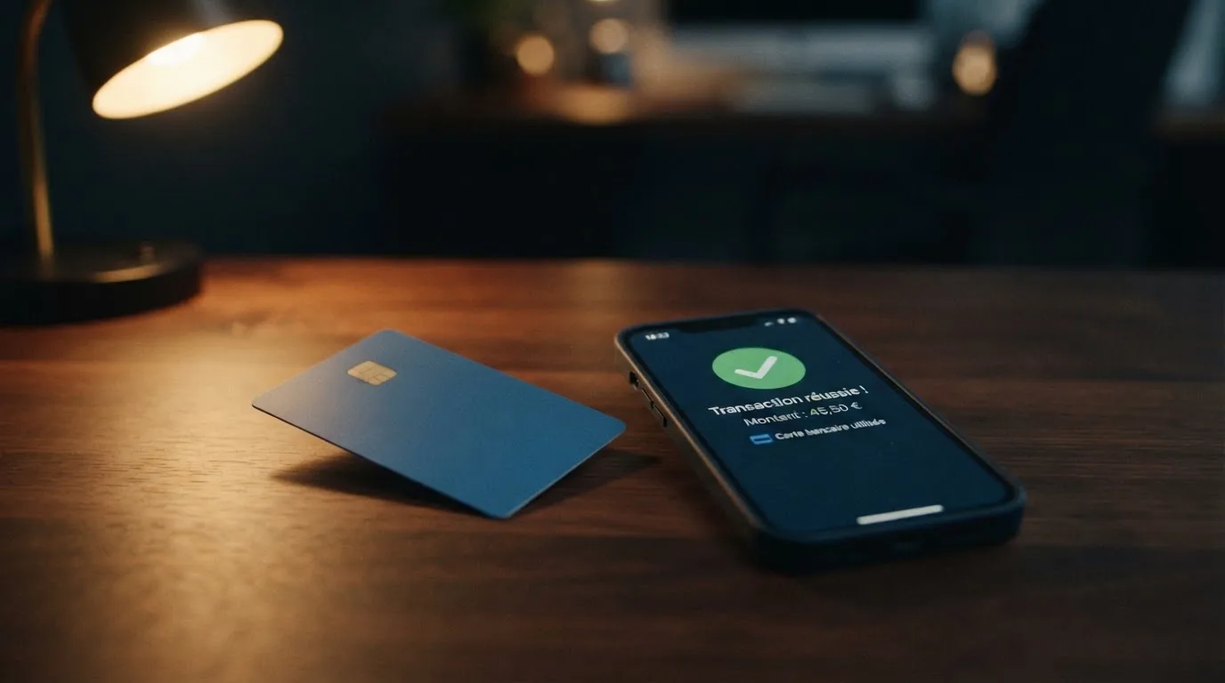 Close-up of a bank card and a smartphone displaying a payment confirmation screen
