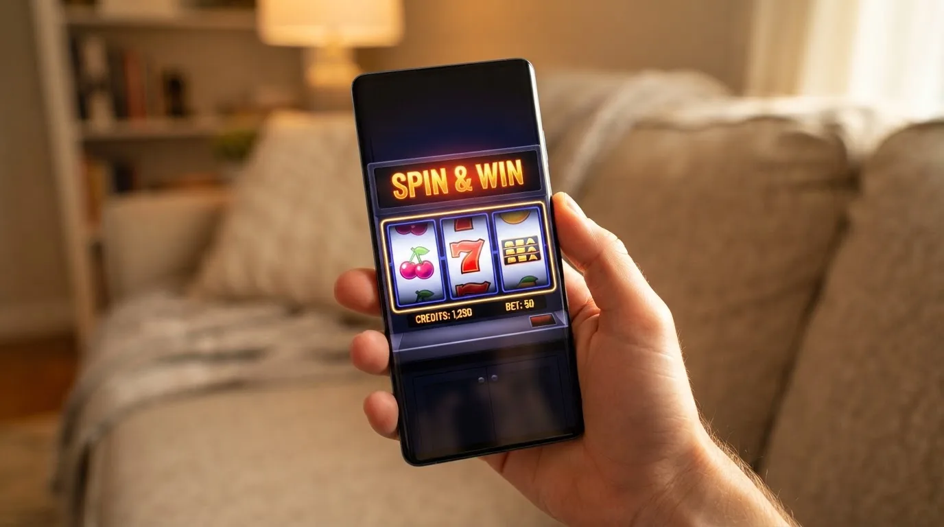 rouleaux d'une machine à sous en gros plan sur un écran de smartphone