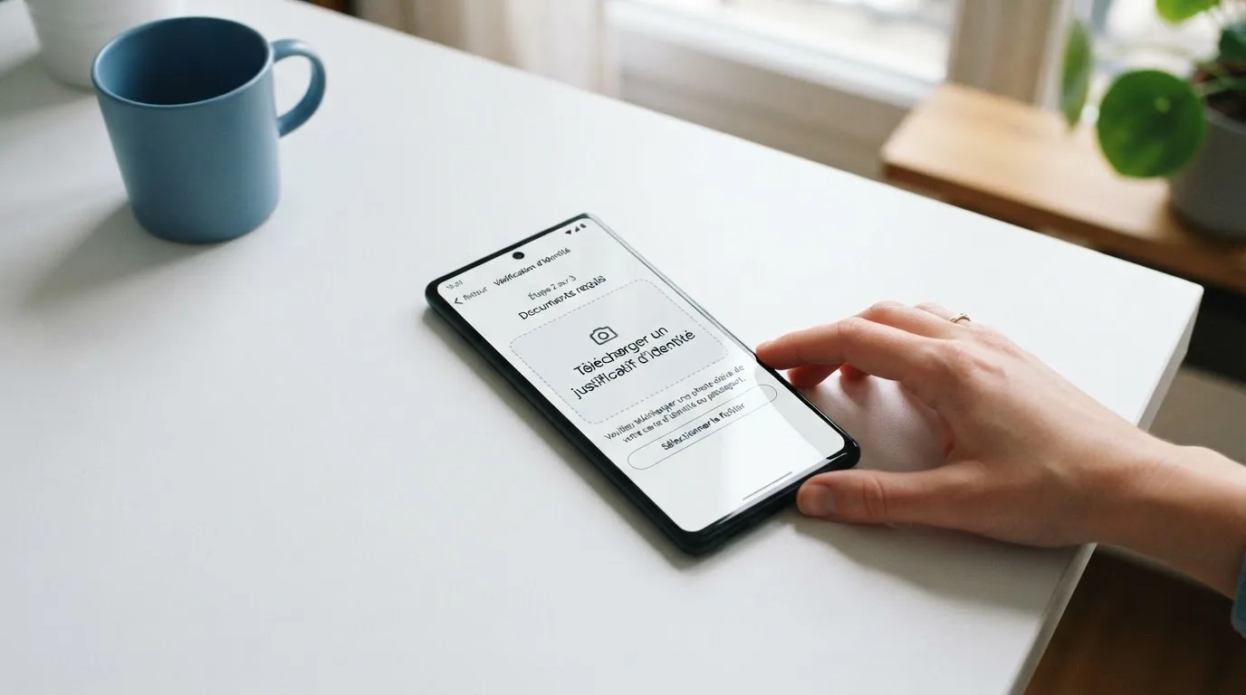 un écran de smartphone montrant une étape de téléchargement de document d'identité lors d'une demande d'interdiction volontaire de jeux en ligne